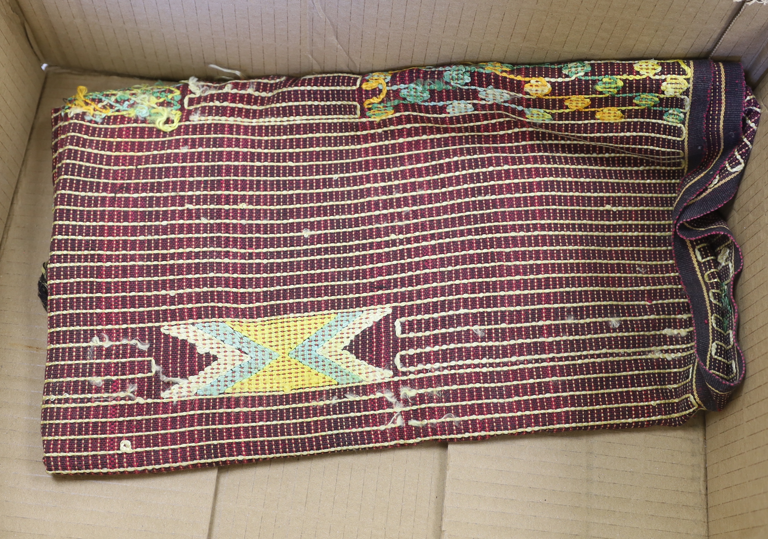 A cotton printed African religious commemorative panel, dated 1897-1957, together with various samples of types of quilting, hand painted silk and woven textiles